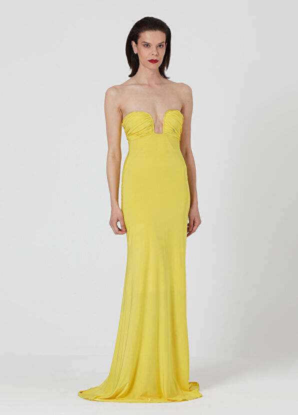 KLASSÉ Yellow Drape Detailed Jersey Women's Long Evening Dress - 2