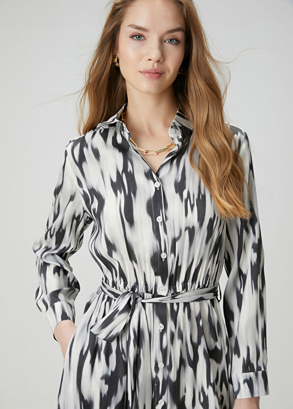 Beymen Club Siyah Beyaz İkat Desenli Midi İpek Elbise - 2