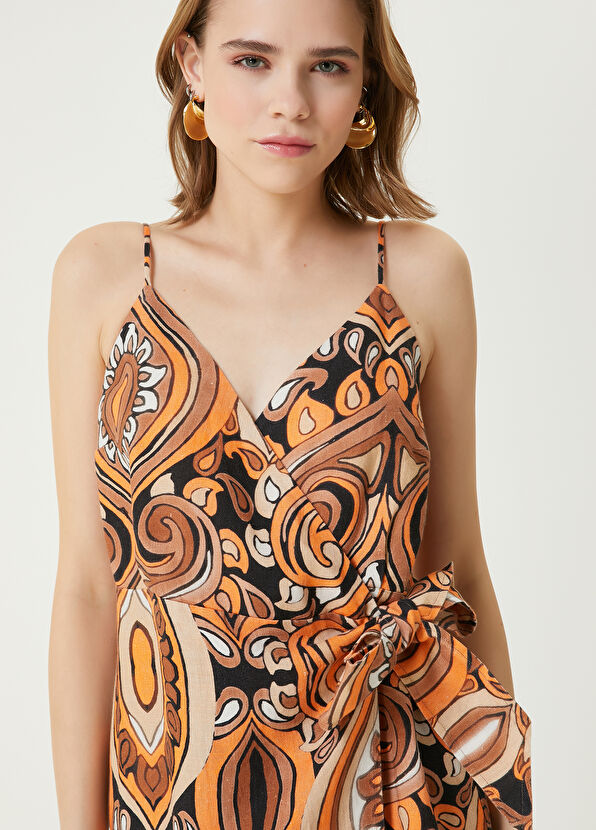 Beymen Club Kahverengi Desenli Midi Keten Anvelop Elbise - 2