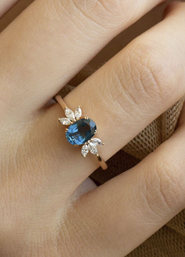 Safir Mücevher Hazine Blue Topaz Pırlanta 14 Ayar Rose Gold Kadın Altın Yüzük - 3