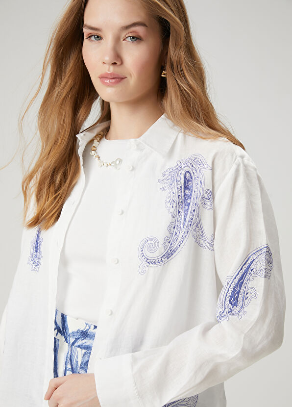 Beymen Club Beyaz Şal Desenli Keten Gömlek - 2