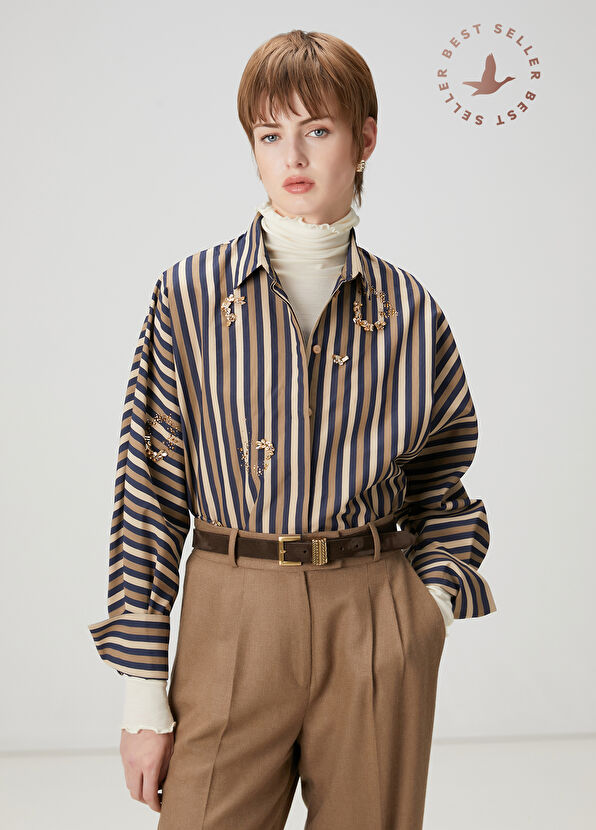 Beymen Club Navy Blue Beige Striped Embroidered Shirt - 1