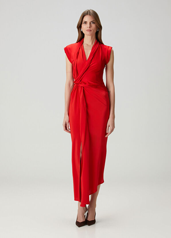 Kırmızı Drapeli Midi İpek Kokteyl Elbise - Görsel 3
