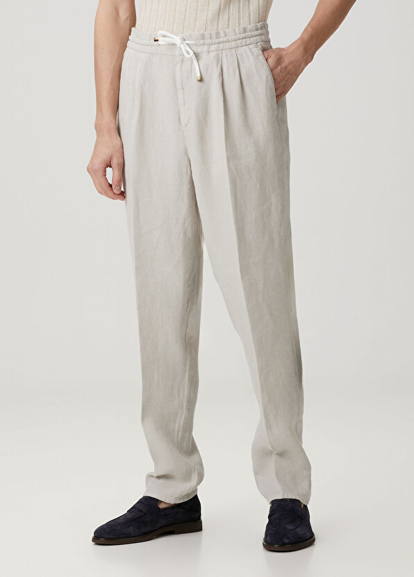 Brunello Cucinelli Bej Beli Kordonlu Keten Pantolon - 2