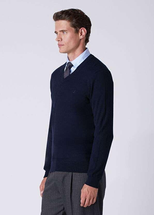 Beymen Club Navy V-Neck Cotton Cashmere Blend Sweater - 4