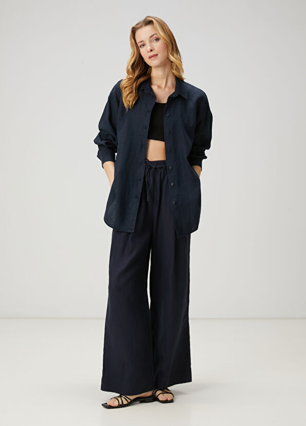 Beymen Club Oversize Navy Blue Linen Shirt - 2