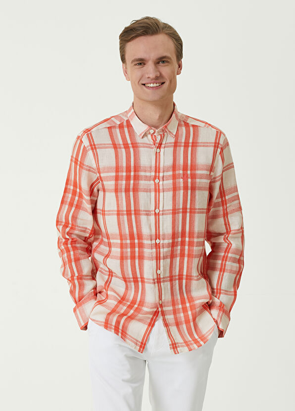 Beymen Club Comfort Fit Turuncu Ekose Desenli Keten Gömlek - 1