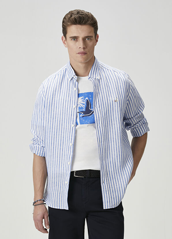 Beymen Club Comfort Fit Mavi Çizgi Desenli Keten Gömlek - 2