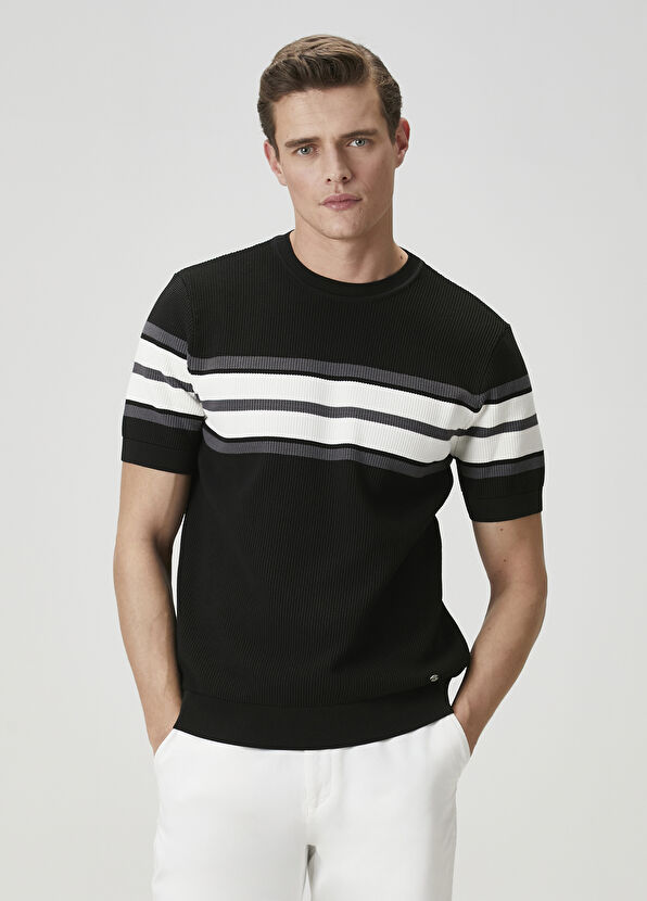 Beymen Club Black Colorblocked Jacquard Short Sleeve Sweater - 1