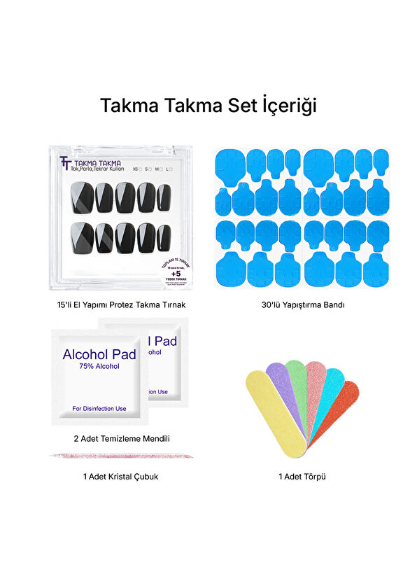 Takma Takma Kısa Balerin 15'li Siyah Protez Takma Tırnak - 2