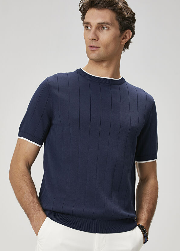 Beymen Club Lacivert Çizgi Dokulu Kısa Kollu Kazak - 4