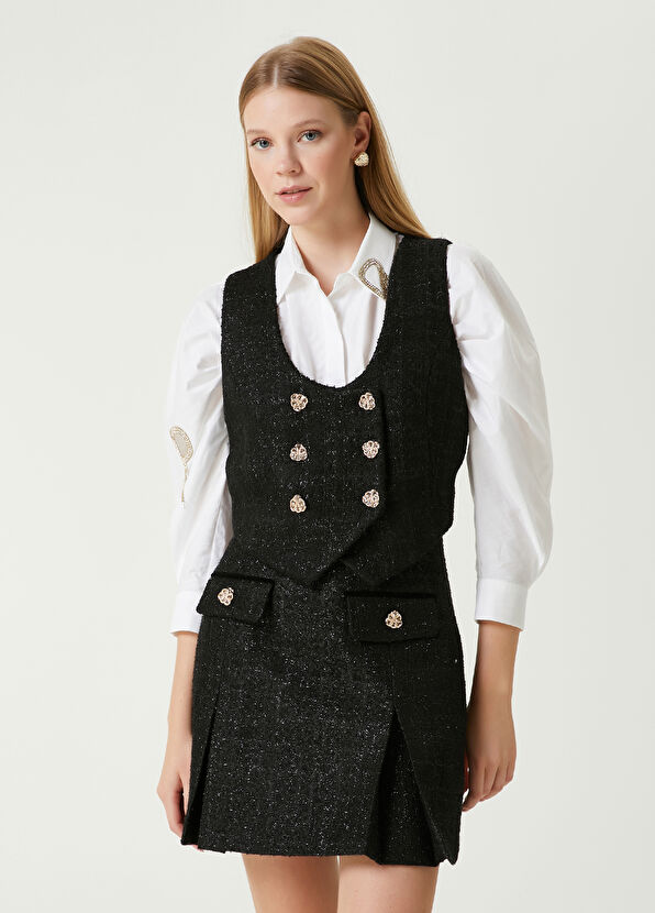 Beymen Club Black Glitter Double-Breasted Tweed Vest - 1