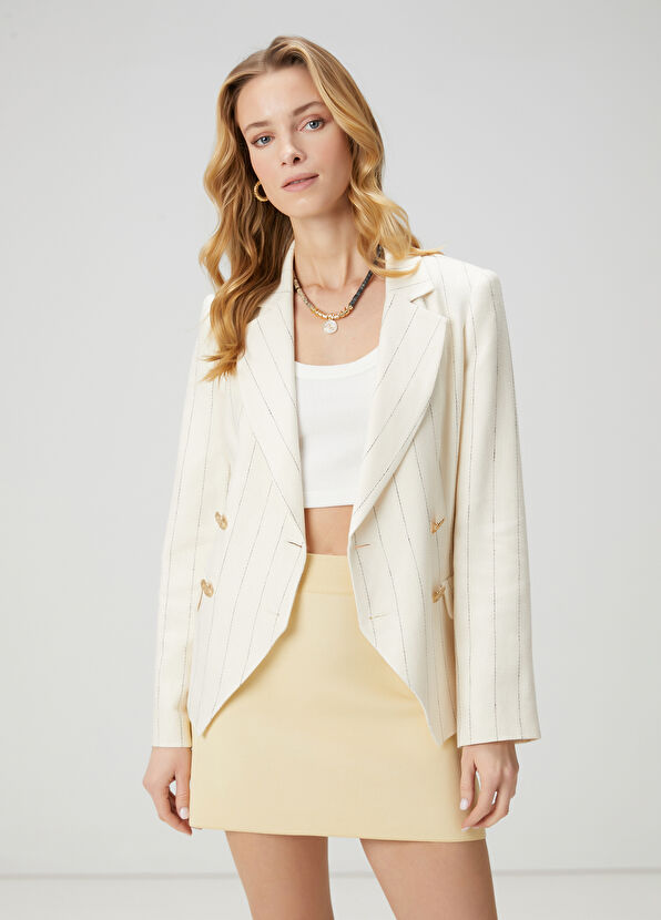 Beymen Club Ekru Çizgili Kruvaze Blazer - 1