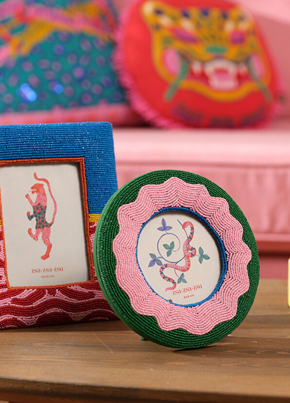Zsa Zsa Zsu Dadrı Yeşil - Pink Glass Bead Wooden Frame 17 cm - 2