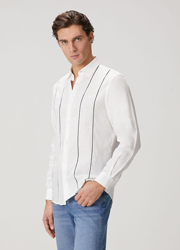 Beymen Club Comfort Fit Beyaz Dikey Biyeli Keten Gömlek - 4
