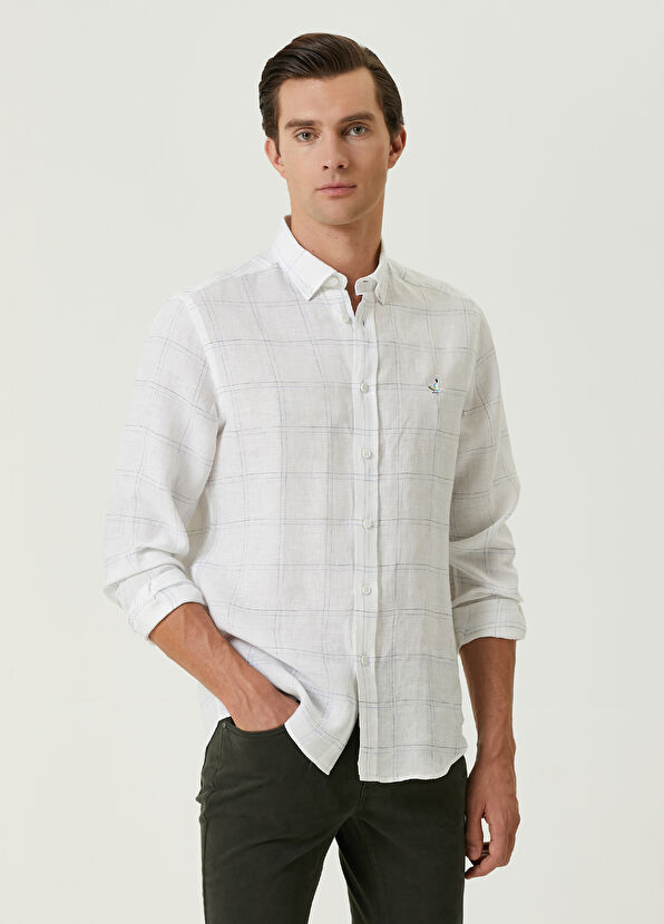 Beymen Club Comfort Fit Blue White Plaid Patterned Linen Shirt - 1