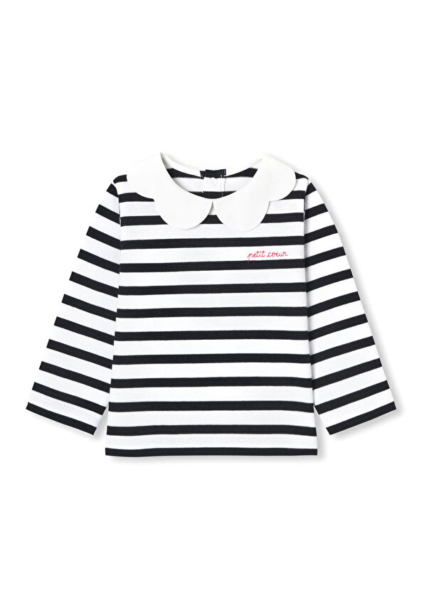 Jacadi Paris Lacivert Beyaz Taraklı Yaka Uzun Kollu Breton Kız Bebek T-Shirt - 1