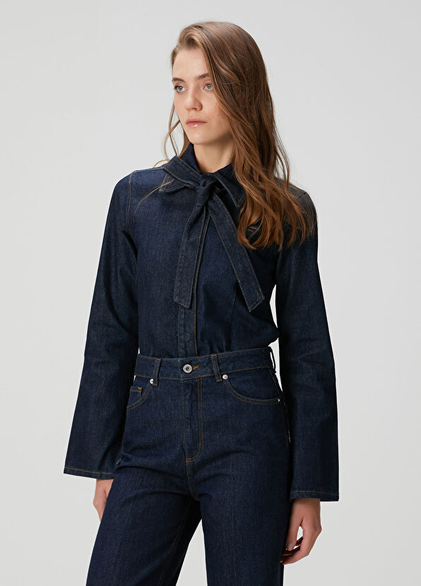 Lacivert Bağlama Detaylı Denim Gömlek - Görsel 4