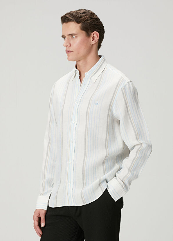 Beymen Club Comfort Fit Blue White Striped Patterned Linen Shi - 4