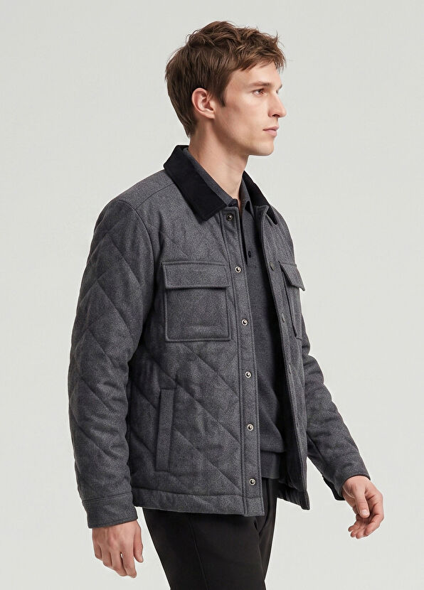 Beymen Club Anthracite Velvet Collar Quilted Wool Outer Shirt - 3