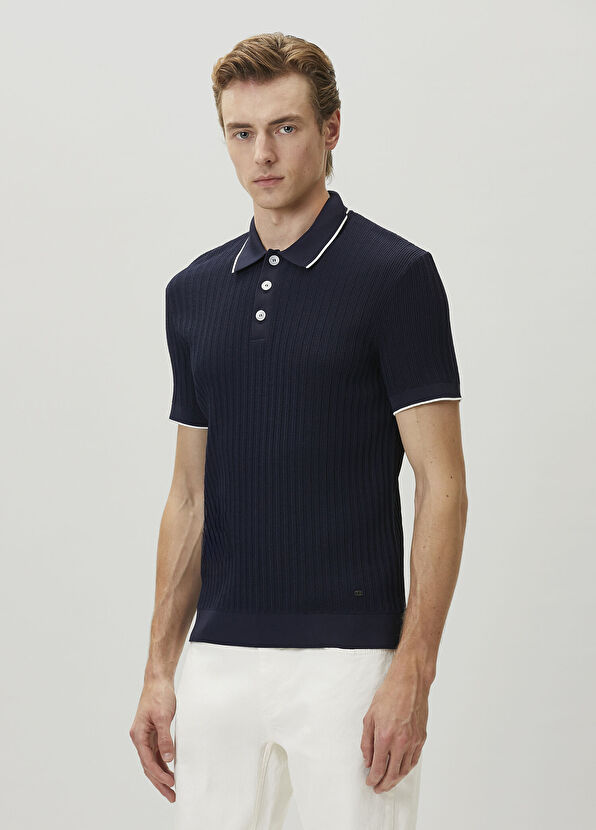 Beymen Club Lacivert Polo Yaka Waffle Örgülü Kısa Kollu Triko - 4