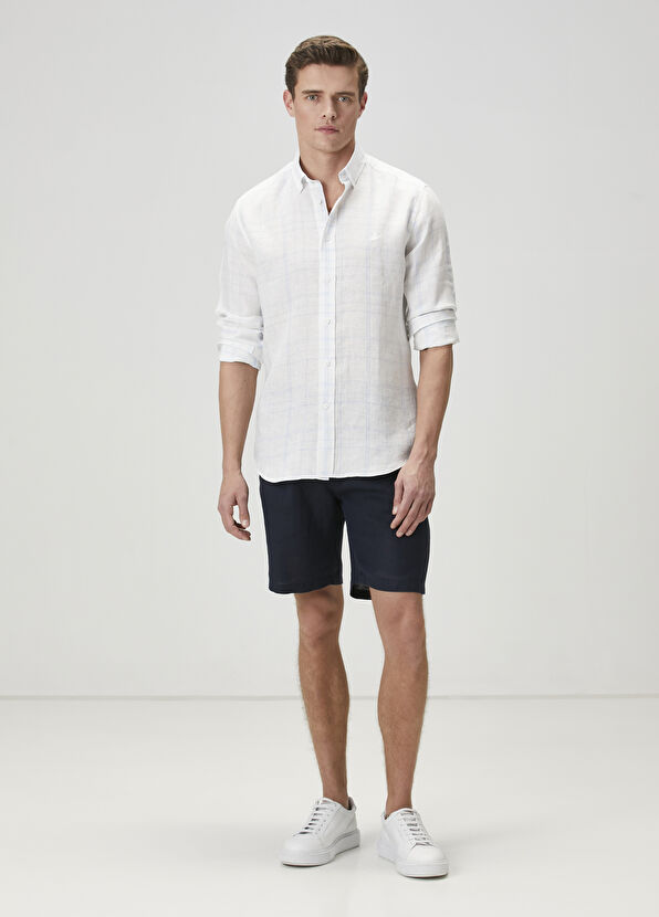 Beymen Club Comfort Fit Blue White Plaid Patterned Linen Shirt - 3