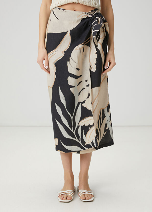 Beymen Club Siyah Ekru Desenli Midi Keten Etek - 3