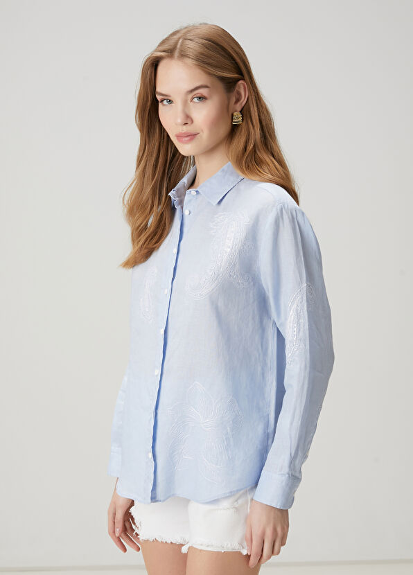 Beymen Club Blue Paisley Patterned Linen Shirt - 4