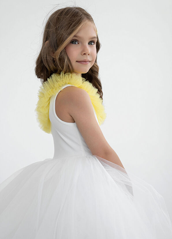Mini Celebrities Beyaz Sarı Fırfırlı Tek Omuzlu Kız Çocuk Tütü Elbise - 3