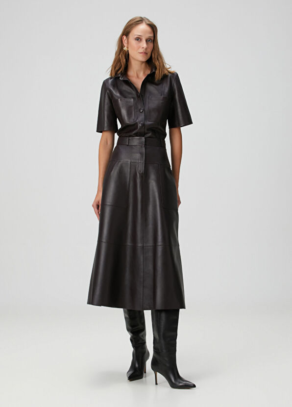 Mürdüm Midi Deri Etek - Görsel 3