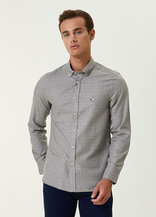 Beymen Club Slim Fit Turuncu Gri Kontrast Çizgi Ekoseli Gömlek - 1