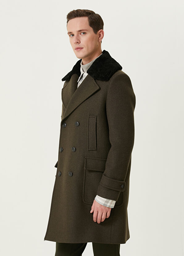 Beymen Club Haki Yakası Shearling Detaylı Yün Kruvaze Palto - 4