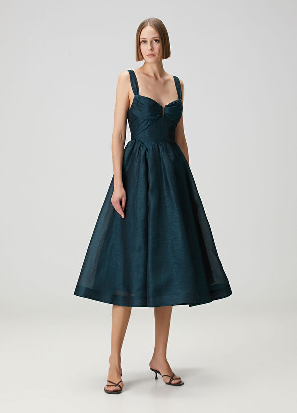 Rebellion Koyu Mavi Midi Keten Elbise - Görsel 2