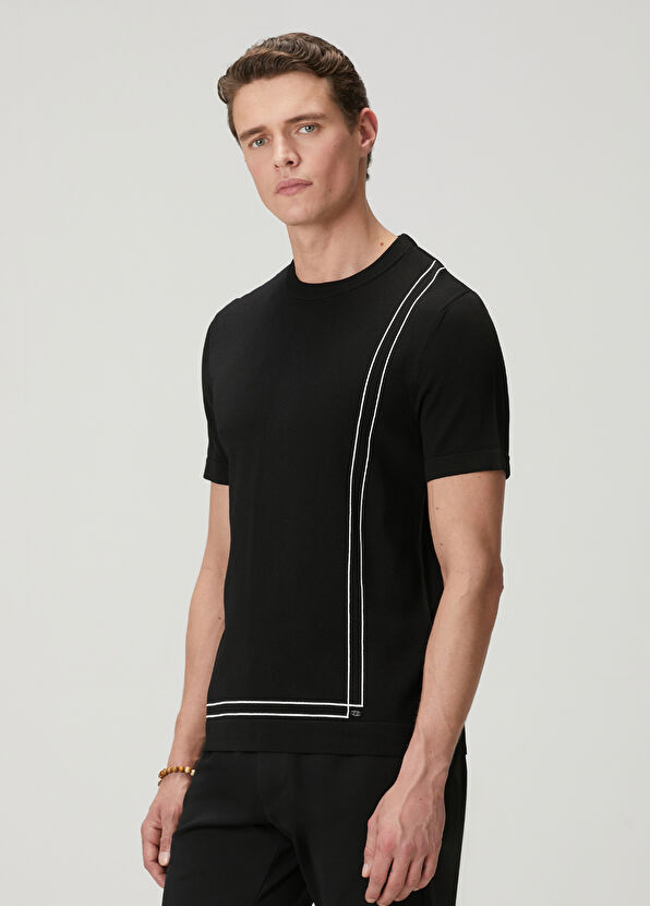 Beymen Club Black Knit Line Jacquard Short Sleeve Sweater - 4