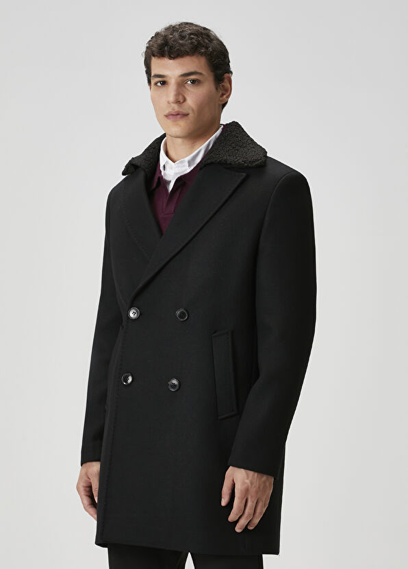 Beymen Club Siyah Shearling Detaylı İtalyan Yün Kruvaze Palto - 4