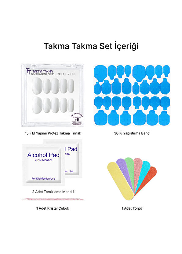 Takma Takma Beyaz Kısa Oval Tekrar Kullanılabilir 15'li Protez Takma Tırnak KOV1475 - 2