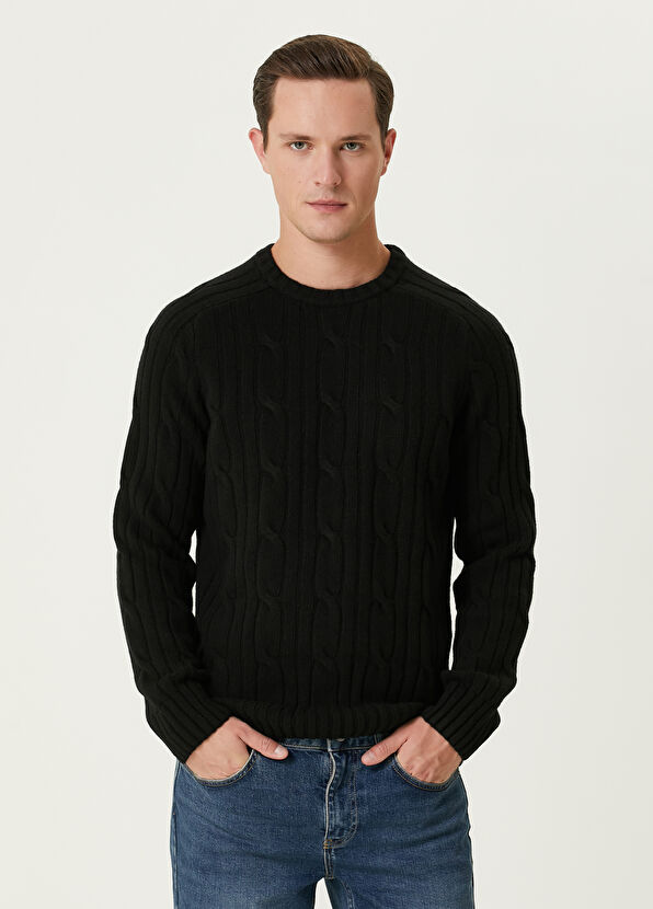 Beymen Club Siyah Kalın Saç Örgü Dokulu Yün Kazak - 1