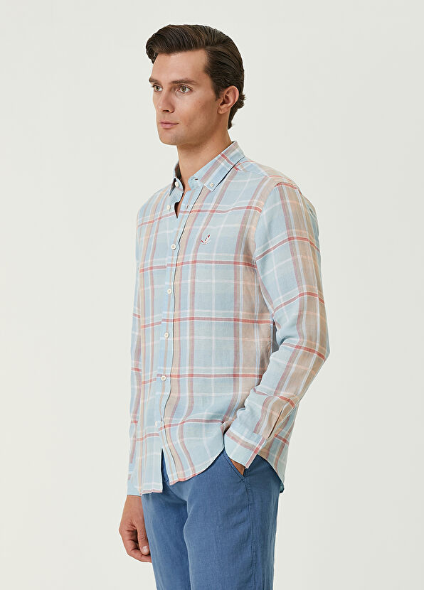 Beymen Club Comfort Fit Mavi Turuncu Ekoseli Keten Gömlek - 4