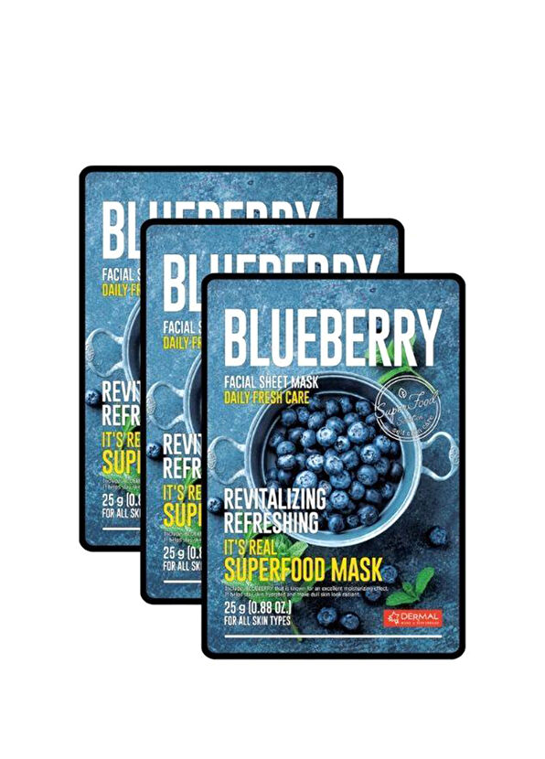 Dermal Blueberry Facial Sheet Mask Yenileyici ve Canlandırıcı Yaban Mersini Yüz Maskesi 3'lü Set 25 gr  - 1