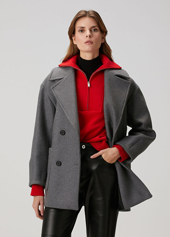 Oversize Gri Yün Kaşe Kaban - Görsel 5