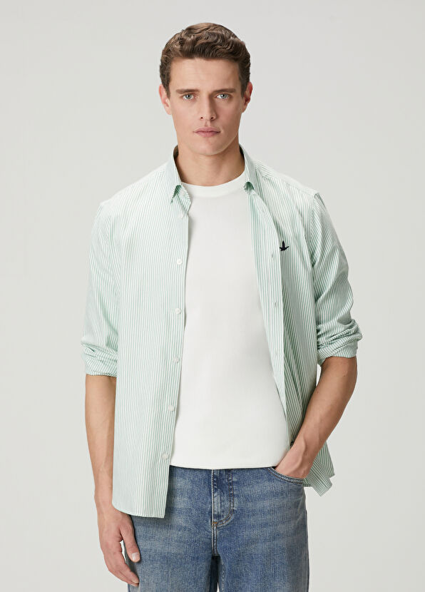 Beymen Club Comfort Fit Beyaz Yeşil Çizgili Oxford Gömlek - 1