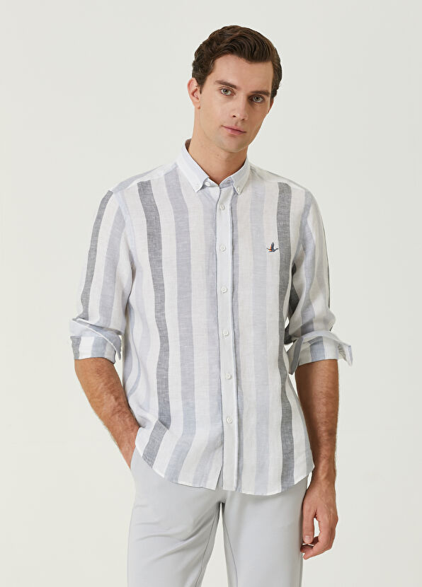 Beymen Club Comfort Fit Colorblocked Çizgili Keten Gömlek - 1