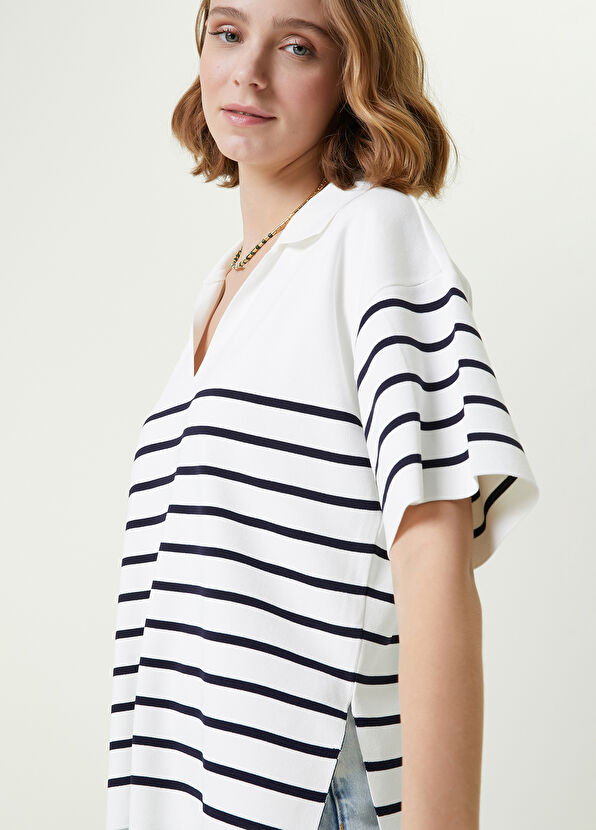 Beymen Club Navy Blue White Striped Polo Neck Sweater - 2