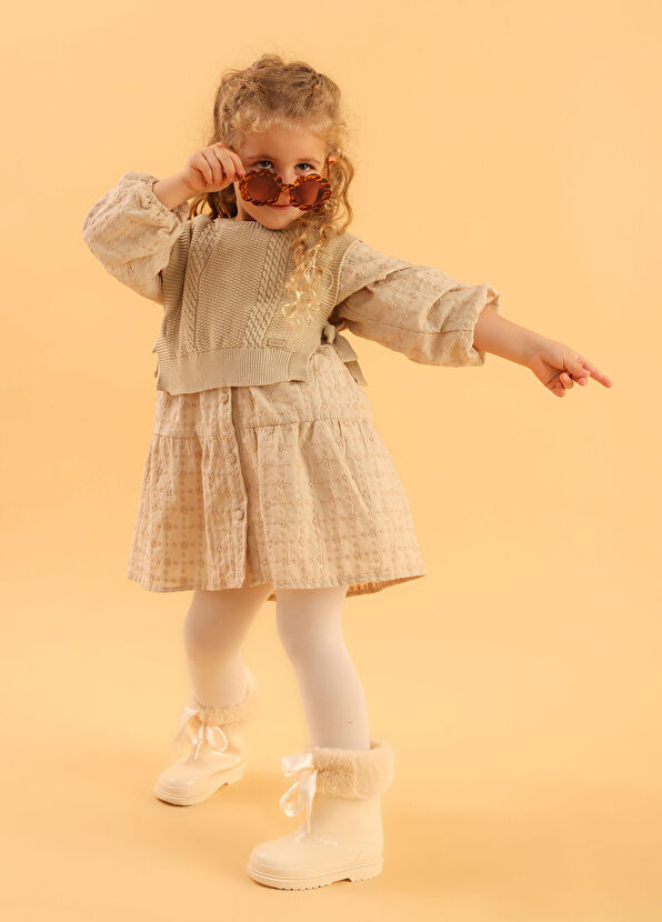 Patique Kids Beige Brode Knitwear Sweater Cotton Girl's Dress - 4