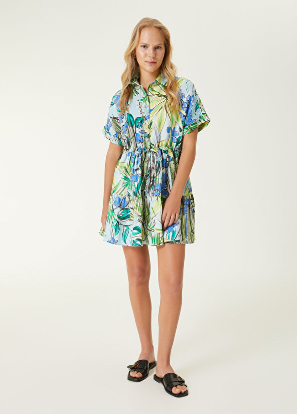 Beymen Club Yeşil Mavi Botanik Desenli Mini Keten Elbise - 1