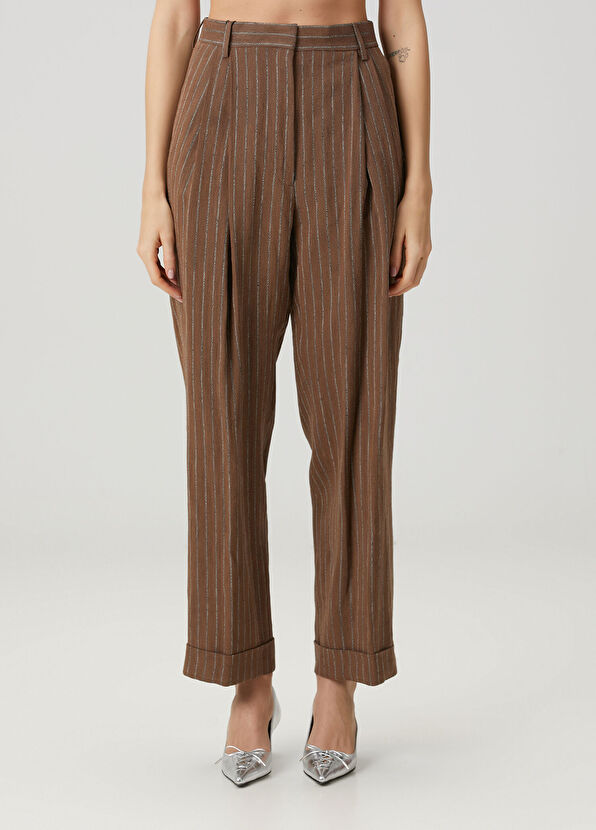 Dries Van Noten Partan Kahverengi Çizgili Keten Pantolon - 2