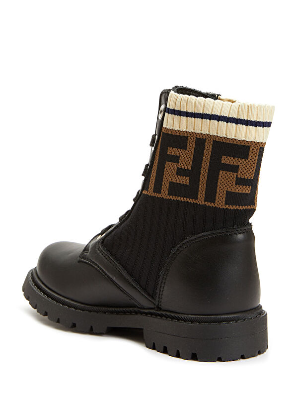 Fendi Siyah Kahverengi Logolu Unisex Çocuk Deri Bot - 3
