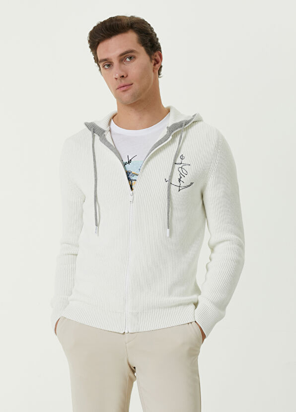 Beymen Club Beyaz Kapüşonlu Çapa Nakışlı Scuba Hırka - 1