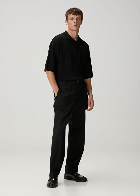 Siyah Polo Yaka Kısa Kollu Oversized Triko - Görsel 4