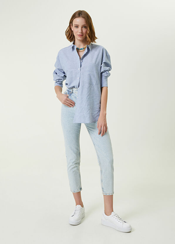 Beymen Club Blue Logo Embroidered Long Linen Shirt - 2